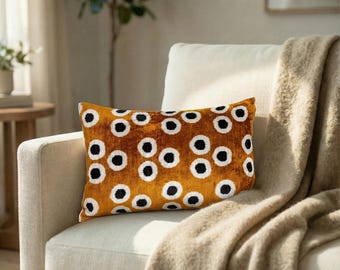 Brown Ikat Velvet Pillow Cover: Handmade Silk Cushion, Housewarming Gift