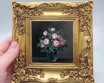 Framed Pink Rose Art - Hand-Painted Miniature Oil Painting, Still Life Gift