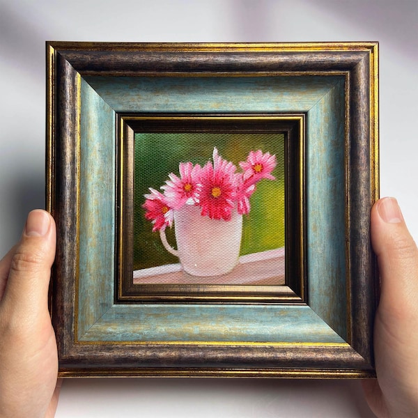 Hand-Painted Miniature Floral Oil Paintings | Framed Wall Art for Room & Desk Decor