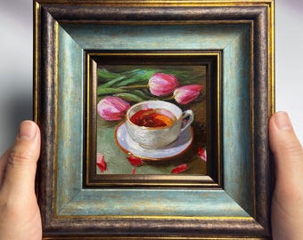 Hand-Painted Miniature Oil Paintings | Vintage Coffee Cup Art | Framed Kitchen Wall Decor