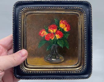 Miniature Hand-Painted Red Roses Oil Painting - Vintage Framed Gift for Her