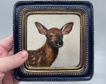 Hand-painted miniature animal-themed oil paintings (with frames),deer wall art