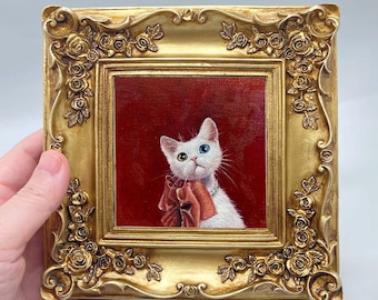 Hand-Painted Miniature Oil Painting - Framed White Cat Art for Cat Lovers
