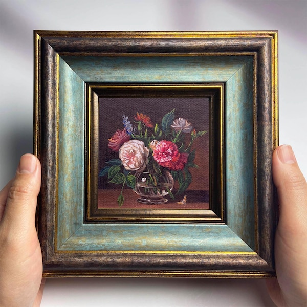 Vintage Wall Decorations: Hand-Painted Floral Oil Paintings in Miniature Frames