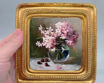 Ingelijste miniatuurolieverfschilderijen | Roze hortensiakunst | Vintage-geïnspireerd plantendecor