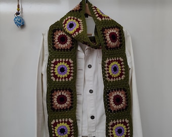 Handmade Granny Square Crochet Scarf Green and Colorful