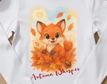 Camiseta infantil de manga comprida com estampa de raposa | Camiseta com estampa de animais da floresta em aquarela | Algodão orgânico | Unissex