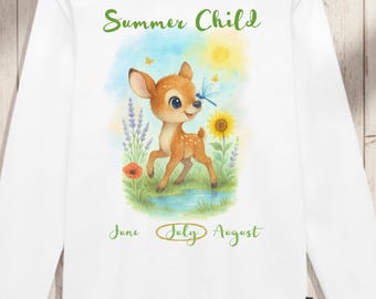 Camiseta infantil orgânica de manga comprida com estampa de cervo, ideal para o verão | Roupa infantil boho aquarela | Presente para crianças no verão | Festa de aniversário infantil, de 2 a 8 anos | DTF