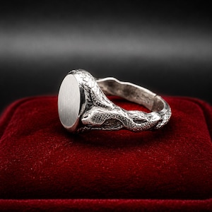 Puede incluir: Un anillo de sello de plata con un motivo de serpiente texturizado y detallado que envuelve la banda. El anillo tiene una cara circular plana y lisa con un acabado metálico cepillado, que contrasta con los intrincados patrones de escamas.