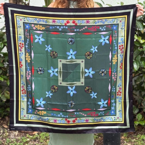 Evergreen Satin Scarf Inspired by Nature and Geometric Patterns