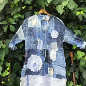SALE SUMMERY BLUES Beauty tunic dress vintage lace linens patchwork Magnolia shabby Texas chic