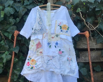 CUSTOM EXAMPLE spring garden flowers white linen vintage top Shabby chic cottage pearl FRENCH country  prairie cowgirl wyoming magnolia