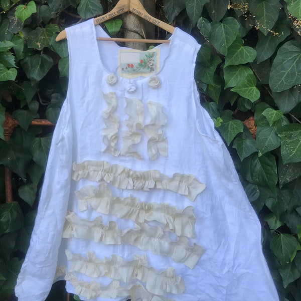 SALE ANTIQUE linen handmade shabby Romantic white taupe ruffles magnolia French chic tunic dress country shabby holiday cowgirl ranch