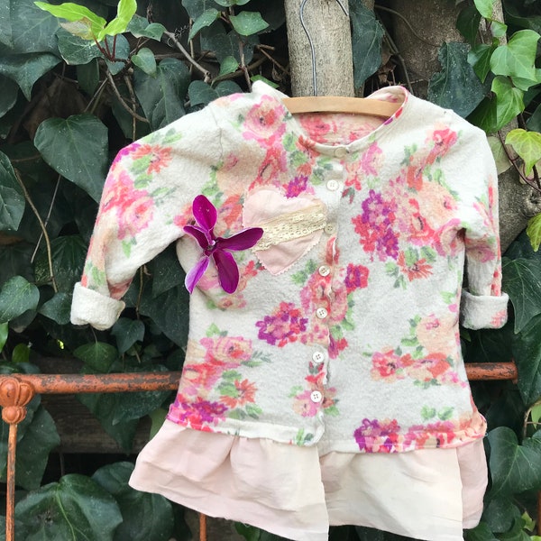 Child BOHO Shabby felted wool floral sweater  toddler farm kid prairie barn like Anthropologie magnolia French pearl country nursery rustica