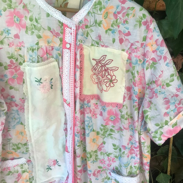 SALE  farm girl beautiful pinks whites floral  dress tunic vintage linens lace shabby cottage floral chic magnolia Alabama Pearl