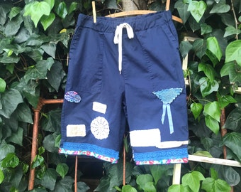 FRENCH SUMMER CHIC Plus size loose shabby comfy navy blue  style chic shorts