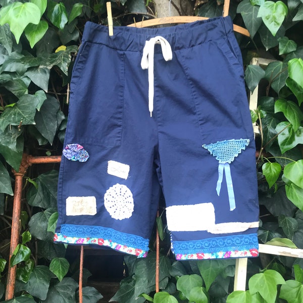 FRENCH SUMMER CHIC Plus size loose shabby comfy navy blue  style chic shorts