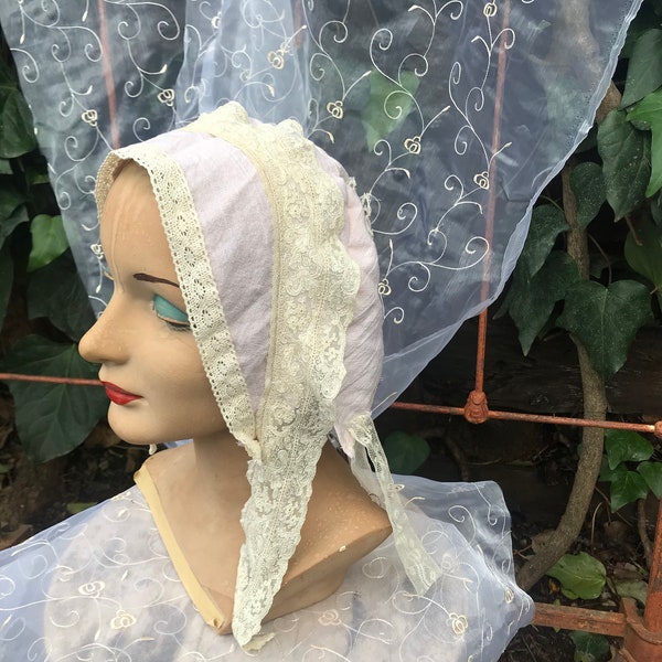 VICTORIAN wedding boho Amish boho hand dyed avocado soft pink  antique laces shabby cap hat head covering veil bride bridal  OOAK