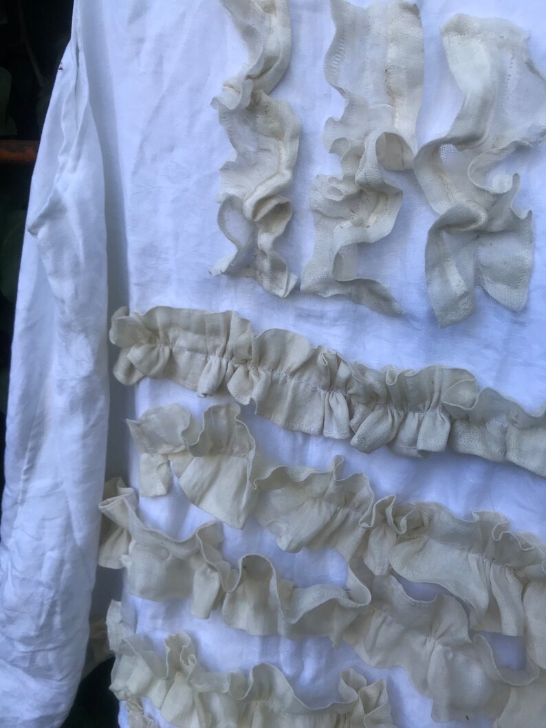 SALE ANTIQUE linen handmade shabby Romantic white taupe ruffles magnolia French chic tunic dress country shabby holiday cowgirl ranch image 5