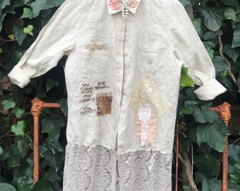 linen ivory lace dress tunic Duster French country Ranch barn Shabby chic bride pearl tatters  prairie cowgirl wyoming magnolia