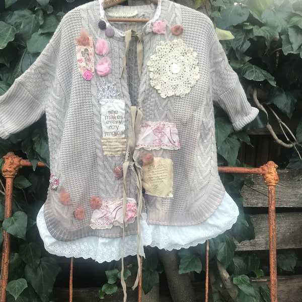 SALE Artsy cardi ROMANTIC shabby boheme gypsy altered couture lace gypsy sweater ranch cowgirl wedding bride magnolia bride pearl vintage