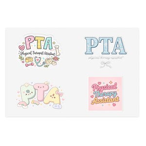 Pode incluir: Quatro autocolantes com as letras "PTA" e as palavras "Physical Therapist Assistant". Os autocolantes são em várias cores e designs, incluindo corações, estrelas e ilustrações médicas.