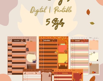May include: An image showcasing five styles of digital and printable autumn daily schedules. The designs feature warm colors like orange, brown, and beige, with decorative elements such as leaves, acorns, and coffee cups. Text includes "Autumn Daily Schedule" and "5 Styles."