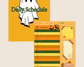 Op de afbeelding: Een Halloween-thema dagelijkse schema planner met een spook illustratie en de woorden "Daily Schedule" in het groen. De planner heeft een kleurgeblokt ontwerp met tijdsleuven en decoratieve elementen zoals vleermuizen, spinnen en pompoenen.