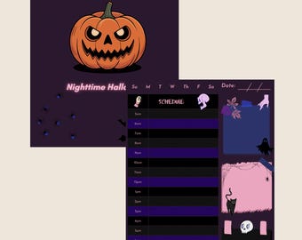 Op de afbeelding: Een Halloween-thema dagelijkse schema planner met een paarse achtergrond. De planner heeft een pompoen-afbeelding, vleermuizen en spinnen. De tekst "Daily Schedule" en "Nighttime Halloween" worden weergegeven. Het schema bevat tijdsperioden en Halloween-thema illustraties.