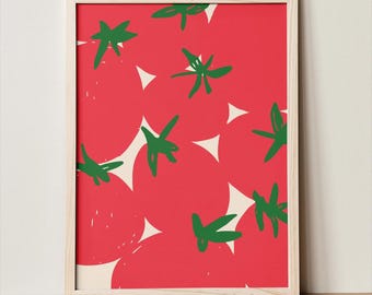 Op de afbeelding: Een ingelijste kunstdruk met een heldere rode achtergrond, versierd met een herhalend patroon van groene stervormige vormen en gebroken witte driehoeken. Het kunstwerk wordt gepresenteerd in een natuurlijke houten lijst, wat de visuele aantrekkingskracht vergroot.