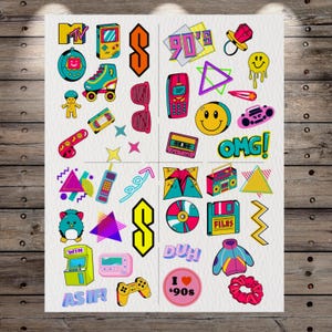 May include: A sticker sheet featuring various 1990s-themed illustrations including an MTV logo, a handheld game console, roller skates, a cassette tape, a mobile phone, smiley faces, a boombox, a floppy disk, a windbreaker, and the text OMG and DUH.