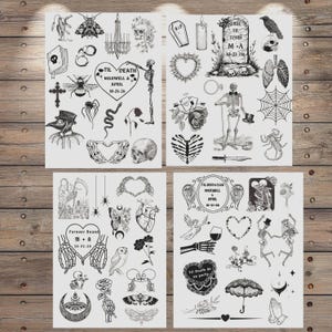 May include: A collection of four sheets featuring black and white line art illustrations of gothic and macabre imagery, including skeletons, skulls, anatomical hearts, moths, spiders, roses, tombstones, and text reading Maxwell & April 10-31-26.