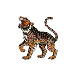 Roaring Traditional Tiger Kiss-Cut Sticker | Vintage Tattoo Style