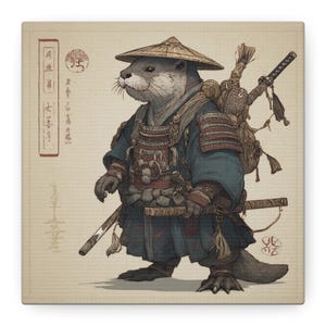 May include: Illustration of an otter samurai wearing traditional Japanese armor, a straw hat, and carrying a katana sword. The otter has a stern expression and is set against a beige background with Japanese text and seals.