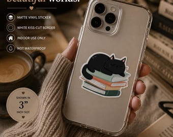 Adesivo Gatto Nero Addormentato sui Libri / Decalcomania Libresca