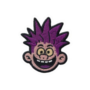 May include: Embroidered patch featuring a cartoon character with purple spiky hair, a wide grin, and large eyes. The patch has a black outline and is on a white background. This patch is suitable for jackets, bags, or other fabric items.