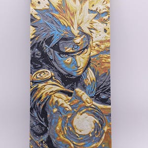 May include: Vertical artwork featuring a character with yellow and blue hair, a headband, and a focused expression. The artwork has a textured, layered appearance with swirling blue, gold, and black colors, and a glowing orb.
