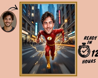 Personalized Flash Superhero Cartoon Portrait, Custom Superhero Caricature Drawing from Photo, Funny Superhero Caricature, Gift for Him