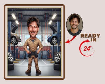Custom Caricature of a Male Mechanic | Mechanic Cartoon | Personalized Mechanic Gift | Automotive Gift |Caricature From Photo | Funny Gift