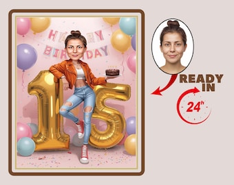 Custom caricature for 15th birthday, 15th anniversary, caricature drawing,greeting card, birthday card, birthday invitation,anniversary card