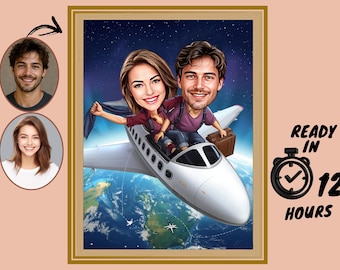 Custom Travel Couple on Planes Caricature | Cartoon Portrait from Photo | Funny Drawings | Pilot Couple  Portrait | Gift of Adventure Lovers
