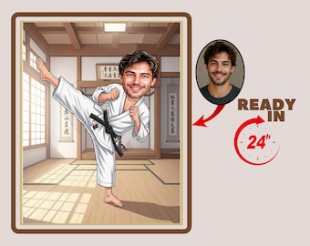 Custom Karate Cartoon Portrait – Martial Arts Caricature from Photo, Personalized Karate Gift, Karate Fighter Artwork, Dojo Cartoon