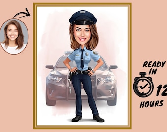Personalized Female Police Cartoon Portrait, Custom Woman Police Caricature Drawing from Photo, Funny Police Caricature, Gift for Police