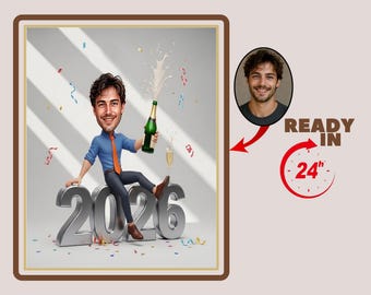 Custom New Year 2026 Cartoon Portrait,  New Year Celebration Caricature Drawing from Photo, Funny New Year Caricature Gift