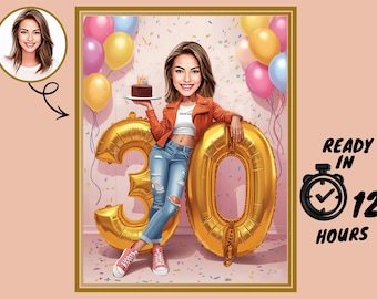 Custom 30th Woman Cartoon Portrait, 30th Birthday Caricature, Birthday Cartoon, Personalized Birthday Gift, Woman's Birthday, 30th Card