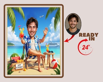 Custom Beach Caricature, Vacation Cartoon, Caricature from Photo, male Enjoying at beach,summer caricature,Retirement Vacation Cartoon