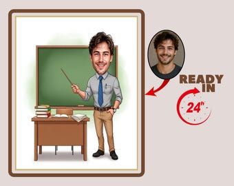 Custom Male Teacher Cartoon, Teacher Caricature from Photo, Gift for Teacher, Teacher Portrait, Teacher Cartoon, Fun Teacher Caricature