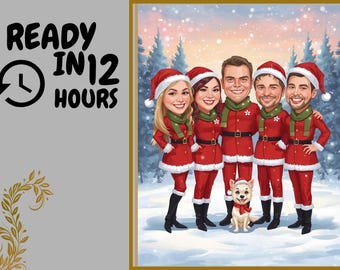 Custom Christmas Group Caricature Portrait Christmas Family Drawing from Photo Family Gift Christmas Funny Gift Digital Cartoon Portrait