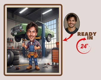 Custom Caricature of a Male Mechanic | Mechanic Cartoon | Personalized Mechanic Gift | Automotive Gift |Caricature From Photo | Funny Gift
