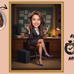 May include: Caricature of a woman in a business suit, seated at a desk with a briefcase. The image includes a portrait, a clock graphic with the text "READY IN 12 HOURS", and a background of an office setting.